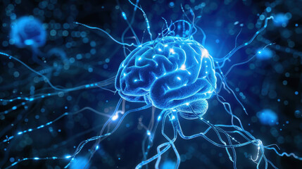 glowing blue brain with neural connections, representing intelligence and technology. intricate design showcases complexity of human mind