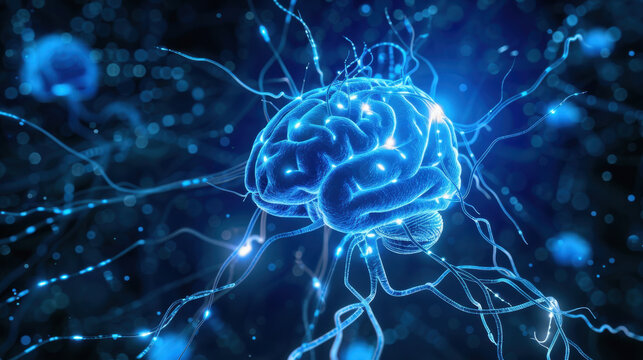 glowing blue brain with neural connections, representing intelligence and technology. intricate design showcases complexity of human mind