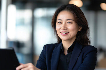 Naklejka premium Smiling asian businesswoman using tablet in modern office