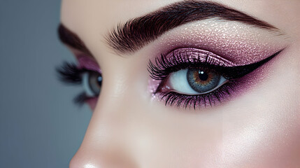 Naklejka premium Close-Up of Beautiful Woman's Eye with Dramatic Makeup and Lashes