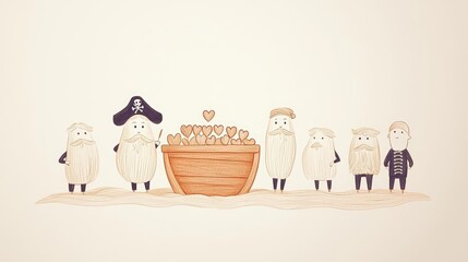 A group of 3D cartoon pirates discovering a treasure chest full of glowing heart gems on a pink-sanded beach, stylized tropical setting, whimsical lighting