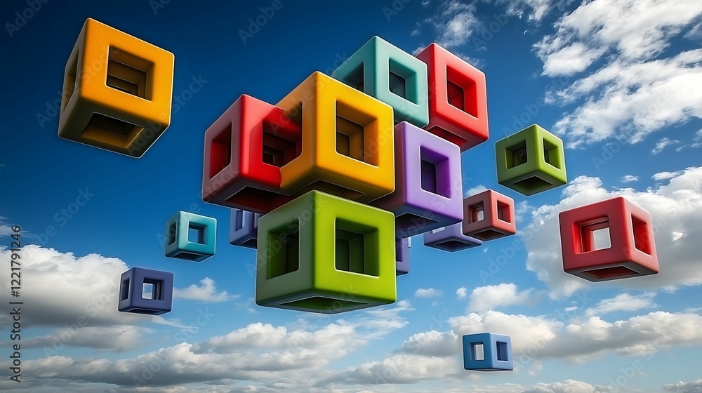 Poster colorful 3d cubes float against a blue sky with clouds, creating a playful and imaginative atmospher