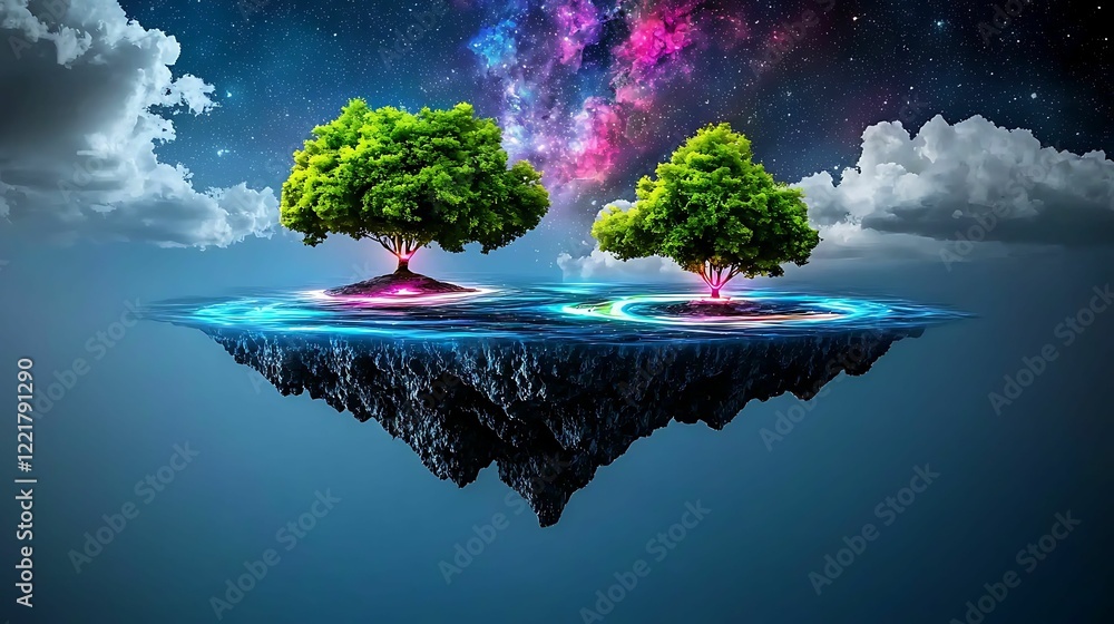 Poster surreal floating island with two vibrant trees under a starry sky and colorful cosmic backdrop, crea