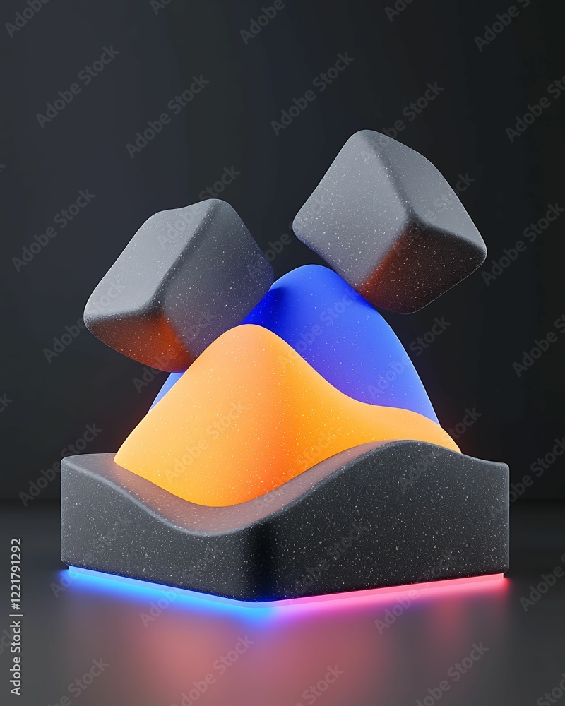 Poster abstract geometric shapes with vibrant colors and smooth surfaces, illuminated against a dark backgr