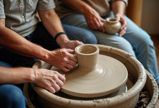 Older people create pottery together in workshop. Shape clay on spinning wheel. Hands work together with concentration. Pottery class activity. Seniors enjoy craft hobby. Creative leisure activity.