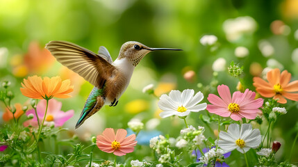 Fototapeta premium Colorful Hummingbird Feeding in Vibrant Flower Garden Scene