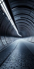 Fototapeta premium Futuristic illuminated tunnel with metallic walls and curved architecture, perfect for sci-fi themes.