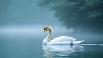 Fototapeta premium Elegant Swan Gliding Through Misty Water in Calm Morning Scene