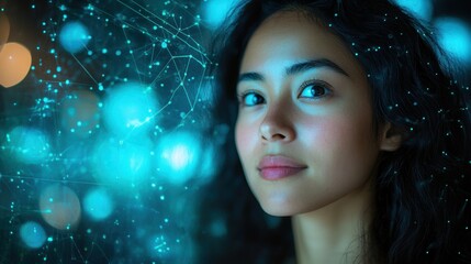 Woman Futuristic AI Network Technology Glow Digital Abstract Connectivity Cyberpunk Innovation