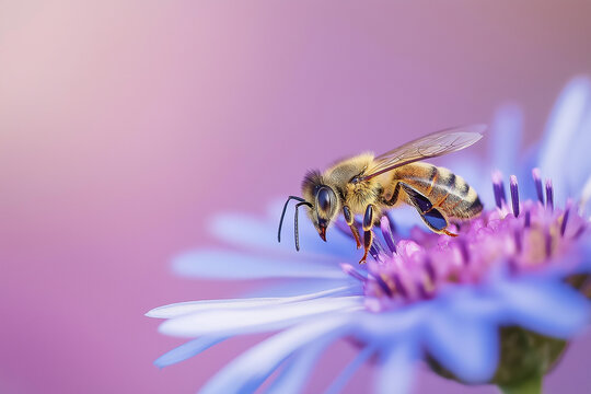 Honey bee pollinating purple and blue flower on pink background - Powered by Adobe