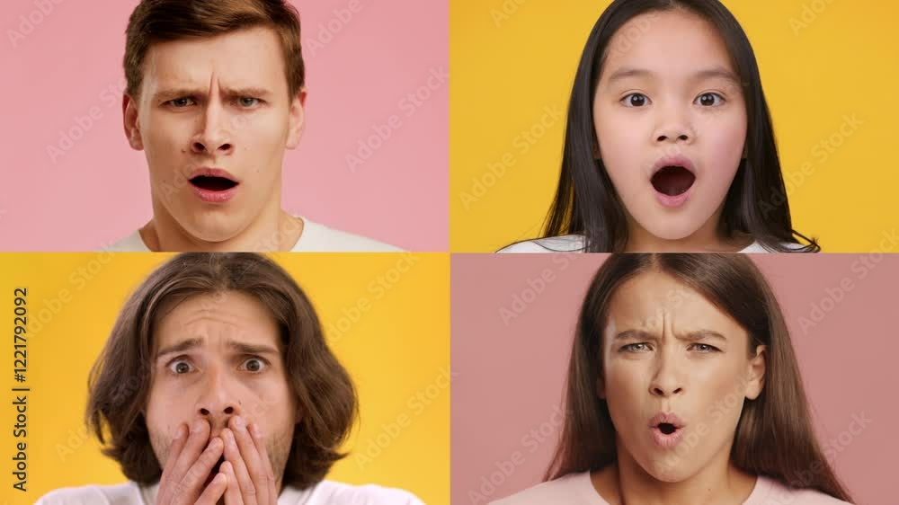 Poster a group of four diverse individuals showcases a range of surprise and emotion. their expressions var
