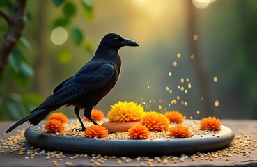 Black raven bird eats food offerings on dark stone plate decorated with orange flowers, seeds. Spiritual Pitru Paksha festival ritual in India. Sacred offering to ancestors. Cultural tradition in