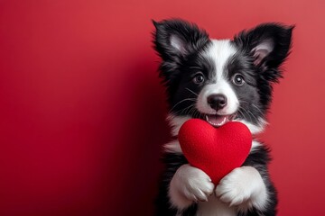 Marketing layout. Cute border collie pup with furry friend toy red heart - emblem of love, funny greeting card. Border collie - my treasured dog. Love-filled valentine's day. Dog and heart.