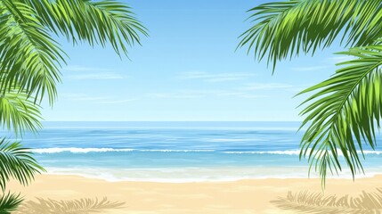 Fototapeta premium Tranquil Beach Scene with Palms and Clear Blue Sky for Relaxation