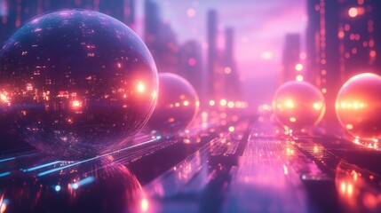 Futuristic Cityscape Neon Glowing Spheres Abstract Background