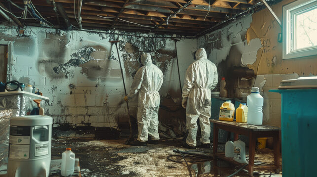 Cleaning team in protective gear working in mold affected room - Powered by Adobe