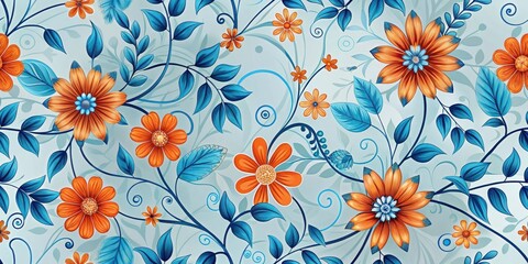 Vibrant Orange and Teal Floral Design with Swirling Vines and Detailed Blossoms
