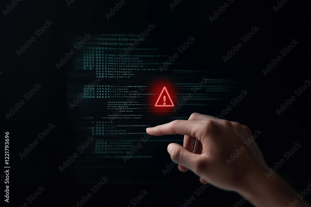 Poster Programmer pointing at critical error alert on futuristic screen