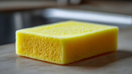 Yellow Kitchen Sponge on Wooden Surface for Household Cleaning Tasks