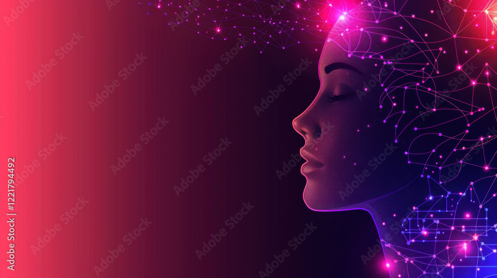Poster digital illustration of woman profile with network of glowing lines and nodes, symbolizing technolog