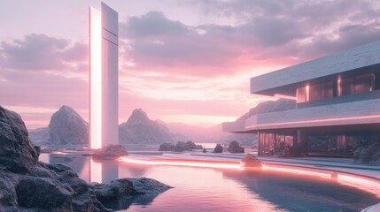 Fototapeta premium Futuristic Architecture Glowing Portal Pink Sunset Modern House Digital Landscape