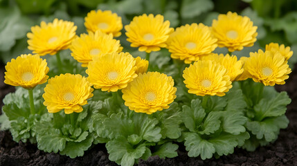 Vibrant Yellow Flowers Blooming in Fresh Green Leaves