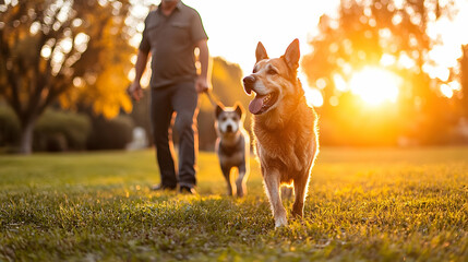 Joyful Dogs with Owner Walking in Sunlit Park During Golden Hour