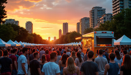 Obraz premium Massive crowd enjoys street festival evening in park. People walk towards food truck. Many stalls visible. Sunset light creates warm ambiance. Urban setting with buildings. Festive event in city