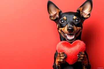 Obraz premium Ad campaign conceptual art. Cute doberman pinscher canine with fluffy red heart - emblem of love, funny greeting card. Doberman pinscher - my treasured dog. Dogs and love. Romantic pets.