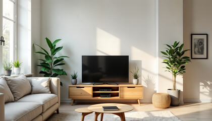 Fototapeta premium Modern Scandinavian living room interior design. Empty living room with beige sofa, wooden TV stand. White walls, few plants create serene atmosphere. Natural light brightens space. Comfortable