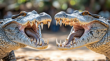 Obraz premium Two Alligators Facing Each Other with Open Mouths in Natural Habitat