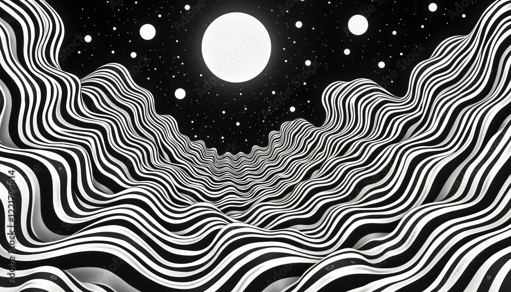 Poster abstract monochrome image features wavy lines, swirls creating optical illusion. black, white patter