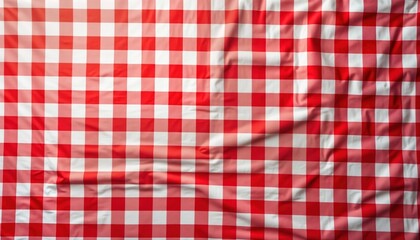 Red, white checkered tablecloth. Top view of fabric texture. Gingham pattern. Looks like picnic blanket table cover. Suitable for Italian food menu summer breakfast. Flat lay of square pattern cloth.