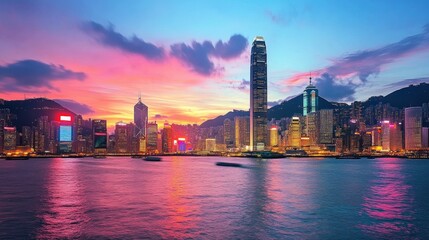 Obraz premium Stunning Sunset Over Hong Kong Skyline with Vibrant Colors