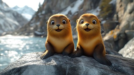 Two Adorable Cartoon Sea Lions Pose On A Rock