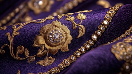Luxurious Purple Velvet Fabric with Gold Embroidery and Diamonds