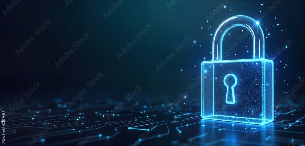 Poster futuristic glowing neon padlock on digital circuit board. tech lock cyber security. safe internet ne