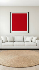 Red art, white sofa, beige rug, room interior, home decor