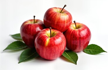 Close-up view of three red apples stacked on top of. Fresh fruits with green leaves. Ripe, high-colored red apples. Healthy, tasty food. Studio shot on white background. Ideal for food themes.