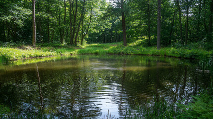 Obraz premium Serene forest pond surrounded by lush greenery, reflecting nature's tranquility and wildlife