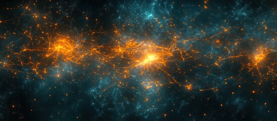 Naklejka premium Cosmic Nebula with Orange and Blue Glowing Filaments.