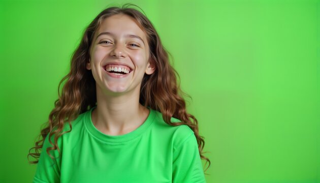 Teenage girl smiles broadly, laughs happily against solid vibrant green background matches outfit. Curly brown hair complements bright green clothes. Cheerful teenager expresses joy. Vibrant colors