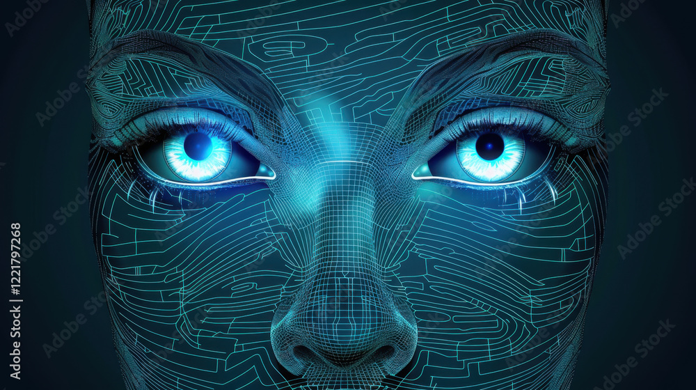 Aufkleber digital face with glowing blue eyes and circuit like patterns, representing technology and innovatio