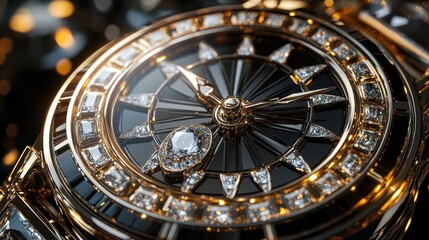 Fototapeta premium Luxury Diamond Watch Closeup Gold Black Dial Craftsmanship