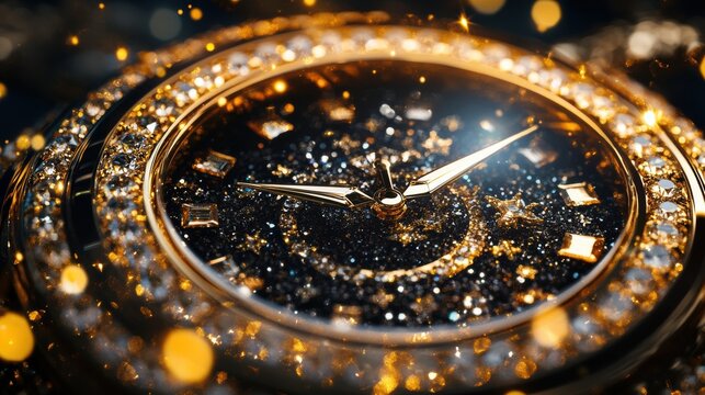 Luxury Diamond Watch Close up Gold Black Sparkle Timepiece Jewel
