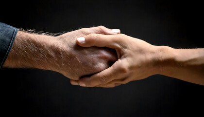 Fototapeta premium Close-up shot of two hands clasped together against a dark background. The image evokes feelings of support, connection, and care.