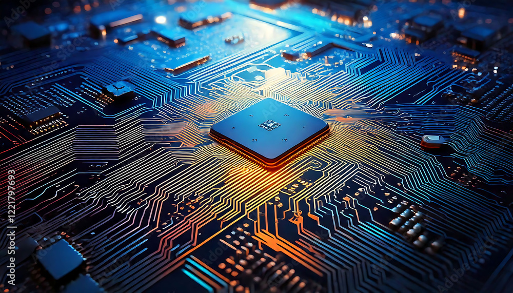 Poster stunning close-up of a circuit board's intricate design, showcasing a central processor bathed in wa