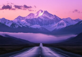 Photograph of Mount Everest in the foreground, an asphalt road at dusk, a purple sky, and foggy  with generative ai