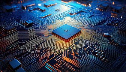 Stunning close-up of a circuit board's intricate design, showcasing a central processor bathed in warm light.  Perfect for tech, innovation, and AI concepts.
