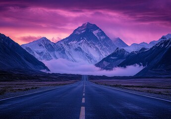 Photograph of Mount Everest in the foreground, an asphalt road at dusk, a purple sky, and foggy  with generative ai